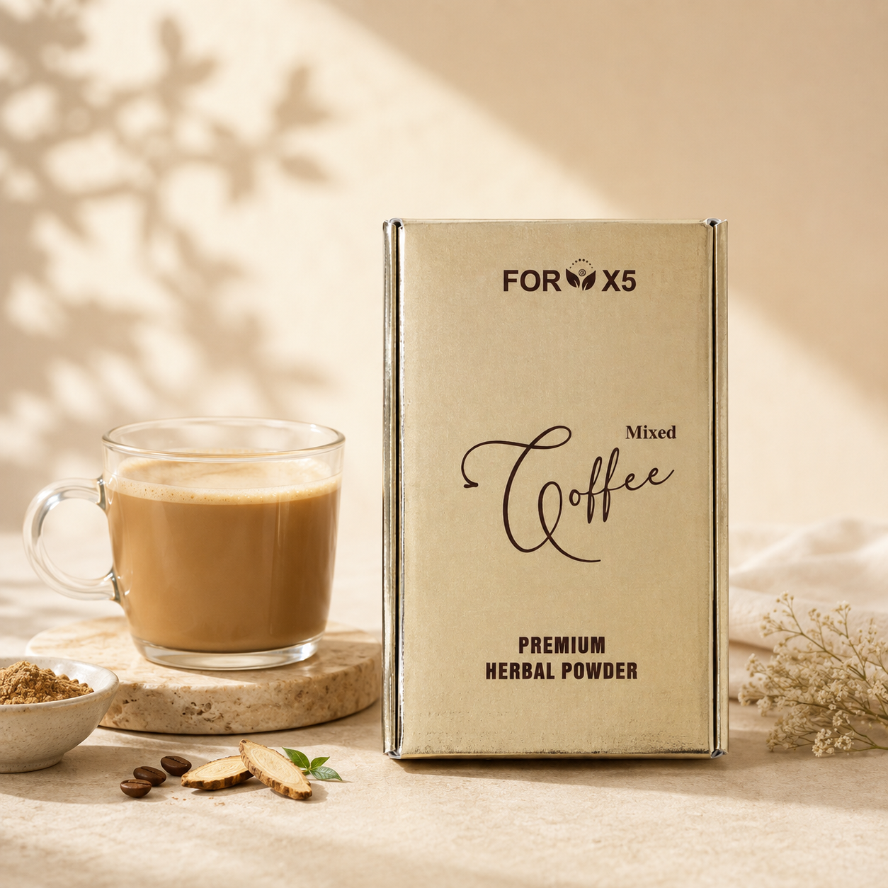 FORX5 Mixed Coffee Kräuterkaffee Produktbox in Gold